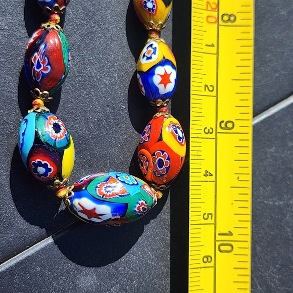 Art glass bead necklace Murano millefiori fashion jewelry yellow blue - Picture 3 of 5